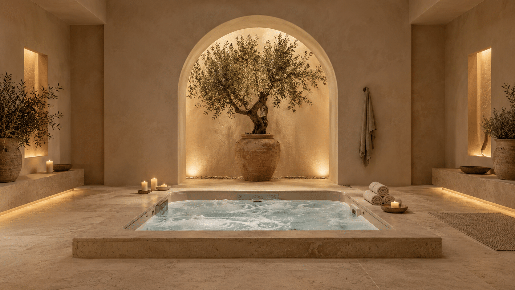 Spa privatif Olympeo : jacuzzi, arche en pierre et grand olivier sous une lumière tamisée